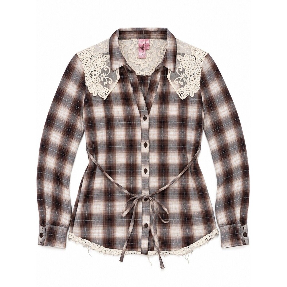 Dolled Up by FANG Brown Plaid Cotton Lace Shirt S Boho Western Cottagecore
